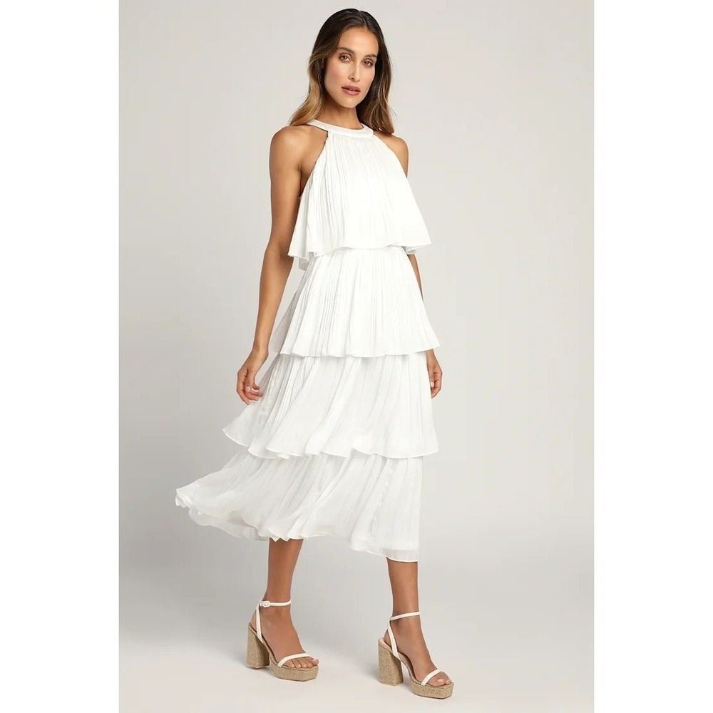 Lulus Tier and Far White Tiered Pleated Halter Midi Dress Women's Size‎ Medium